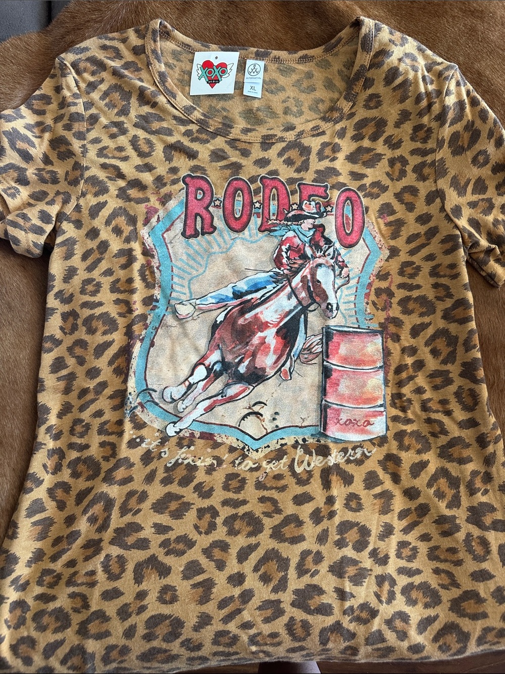 XOXO Leopard Print Rodeo Graphic Tee in Brown & Red Accents
